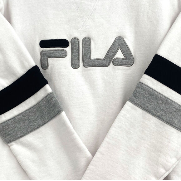 VTG FILA Sweatshirt Lg Y2K White Spell Out Stripe Streetwear Retro Sport Hip hop - Picture 4 of 12